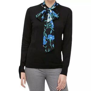 J Crew Womens Black Blue Floral Attached Scarf Sweater Long Sleeve XS